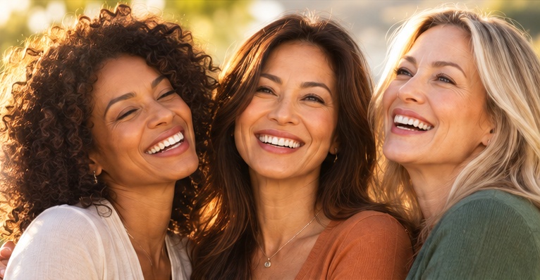 Three women of different backgrounds smiling together in warm natural light