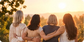 Women standing together at sunset, representing connection and support